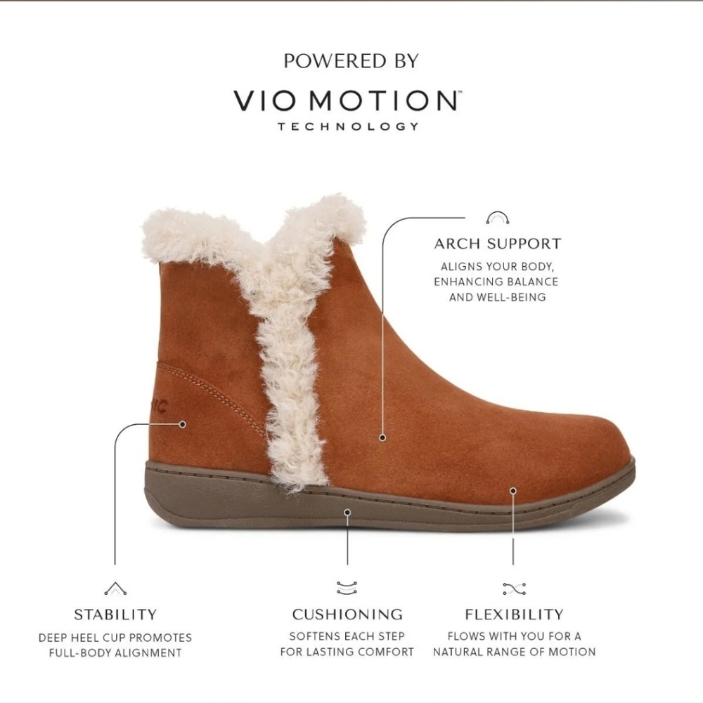 Vionic Unwind Tan Suede Faux Shearling Notched Sides Pull-On Flat Ankle Booties - Picture 3 of 14